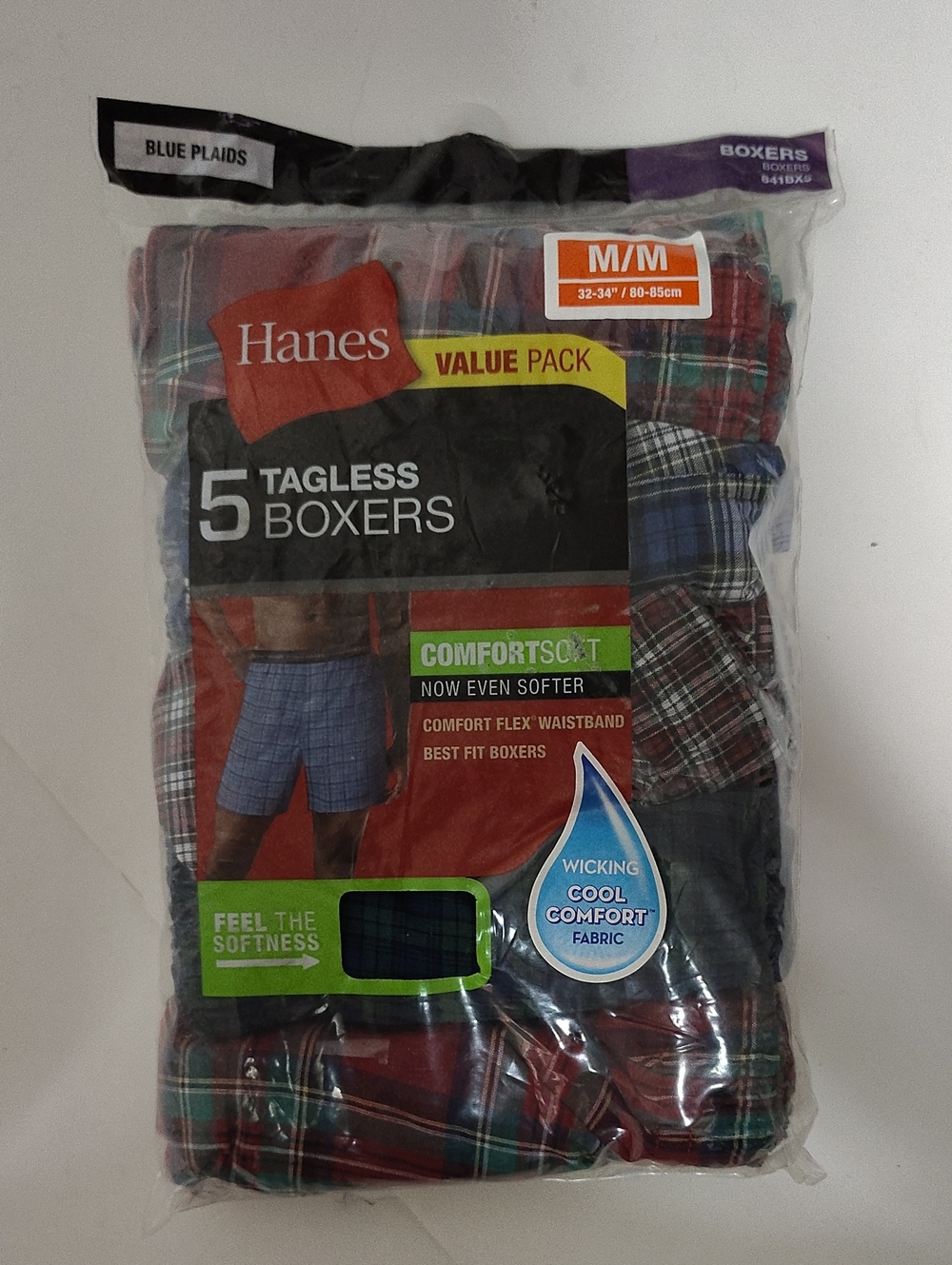 Hanes Men’s Tagless Plaid Boxers - 5 Pack - Size M 32-34